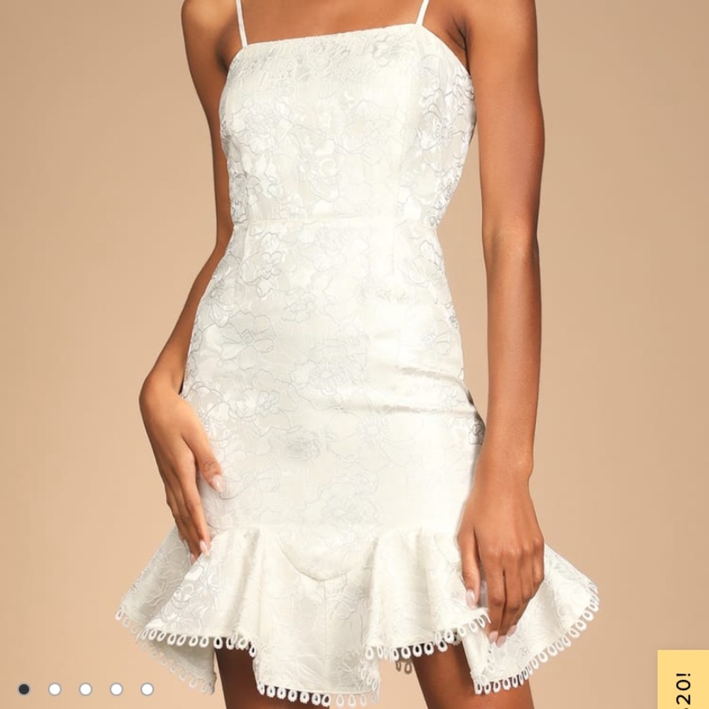 PERFECT WHITE MINI DRESS: Soiree Bound Ivory Floral Jacquard Ruffled Mini Dress.